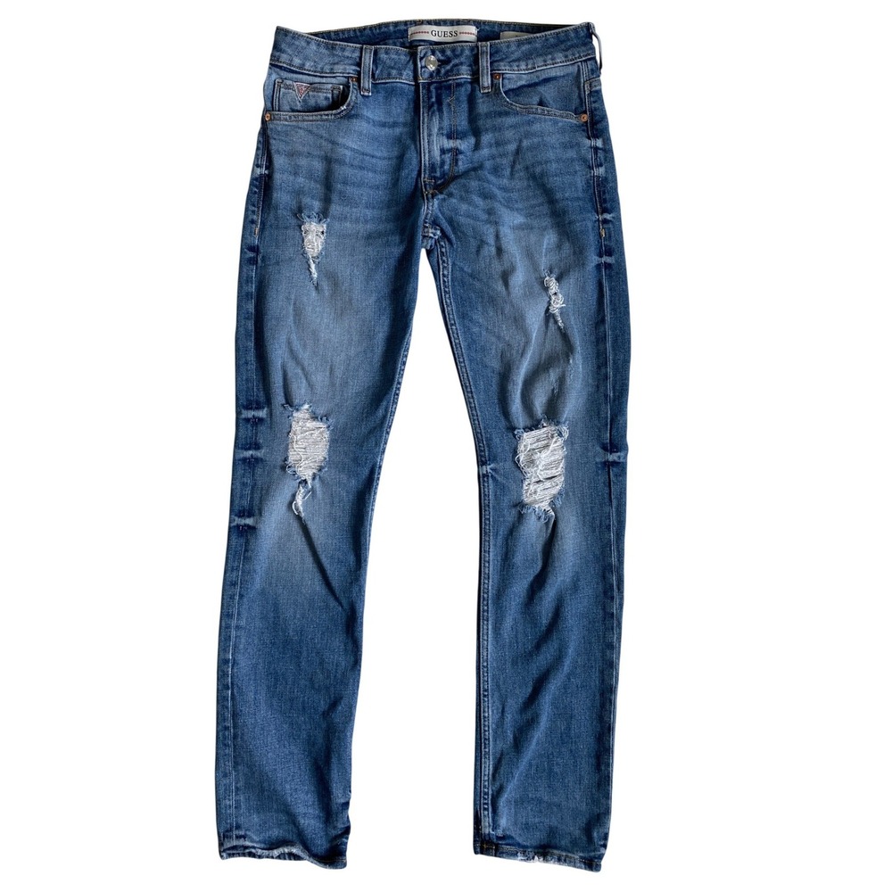 Guess Slim Tapered Distressed Blue Denim Jeans Medium Wash Size 31x30 Mens